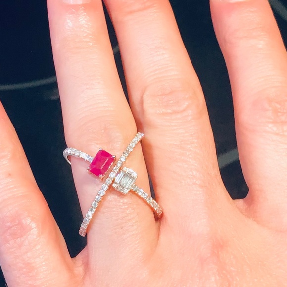 14K Rose Gold Genuine Diamond & Ruby X Ring - Picture 2 of 13